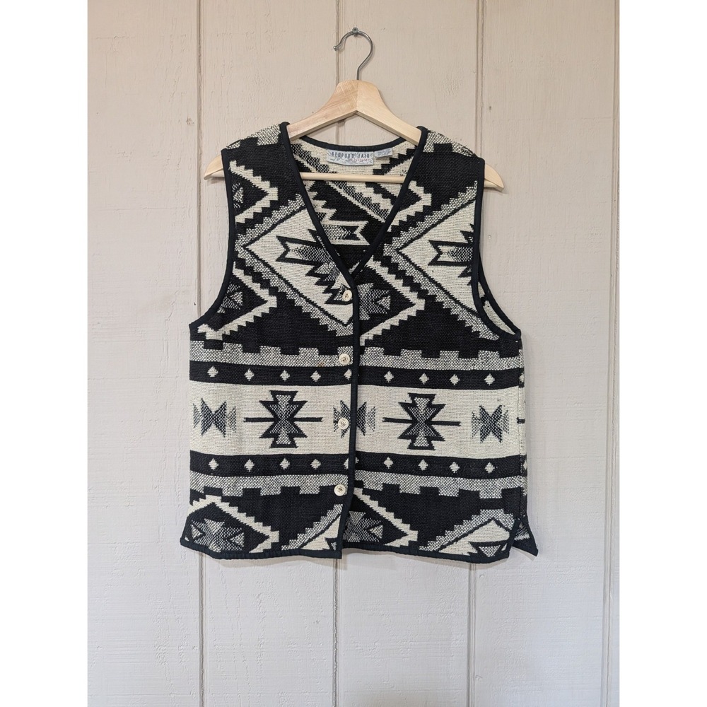 Vintage 90s Southwestern Tapestry Vest Black Ivory Cotton L Boho Aztec